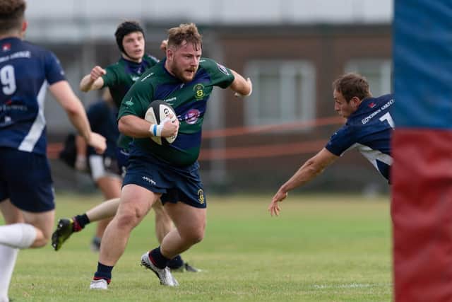 Billy Rolfe scored two early tries and later added a third as US Portsmouth hammered  Southampton University Hospital 90-0 in a Hampshire 1 game.
Picture: Keith Woodland