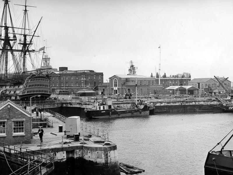 Portsmouth Basin No.1 with Nelson's Flagship HMS Victory now preserved in dry dock, 1987. The News PP5645