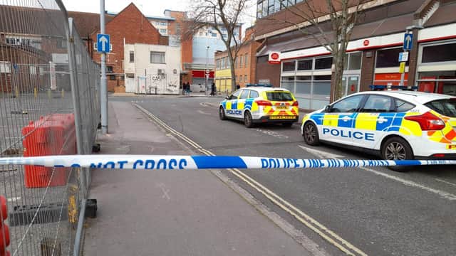 Police in Slindon Street in Portsmouth city centre after an incident which has seen Arundel Street, Yapton Street and Slindon Street taped off April 30