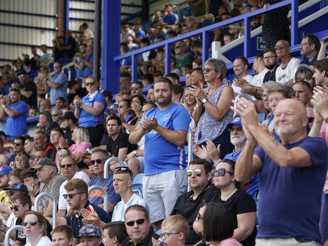 Pompey fans in the South Stand enjoying their return to Fratton Park.    Picture: Jason Brown/ProSportsImages