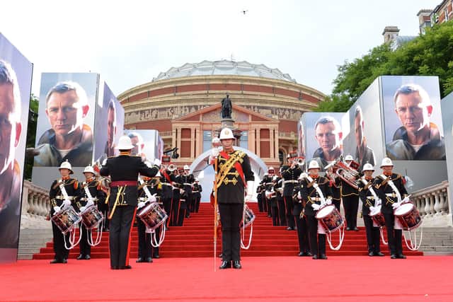 The Royal Marines Band performing at the world premiere of No Time To Day at the Royal Albert Hall on September 28, 2021. Photo by Jeff Spicer/Getty Images for EON Productions