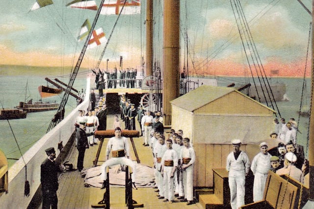 Exercising on the Victory.Here we see the young crew at exercise on the upper-deck of HMS Victory around 1905. Picture: Robert James postcard collection.