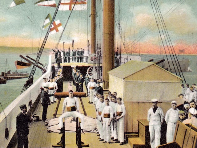 Exercising on the Victory.Here we see the young crew at exercise on the upper-deck of HMS Victory around 1905. Picture: Robert James postcard collection.