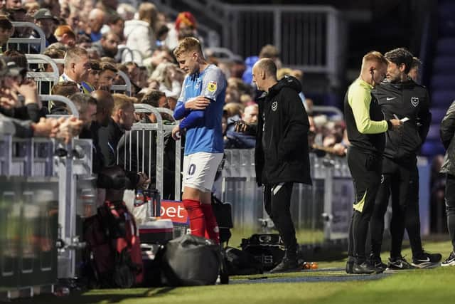 Worryingly, Joe Pigott came off in the 34th minute of Pompey's 5-0 demolition of Aston Villa Under-21s in the Papa John's Trophy. Picture: Jason Brown/ProSportsImages