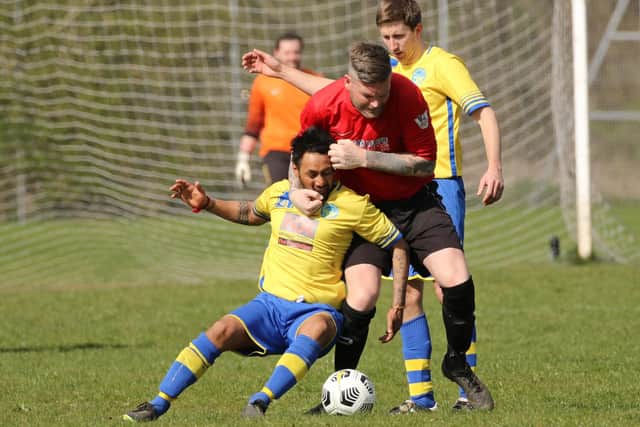Wymering's Neville Farley tangles with Meon player-boss Bic Singh, leading to his dismissal. Pic: Kevin Shipp.