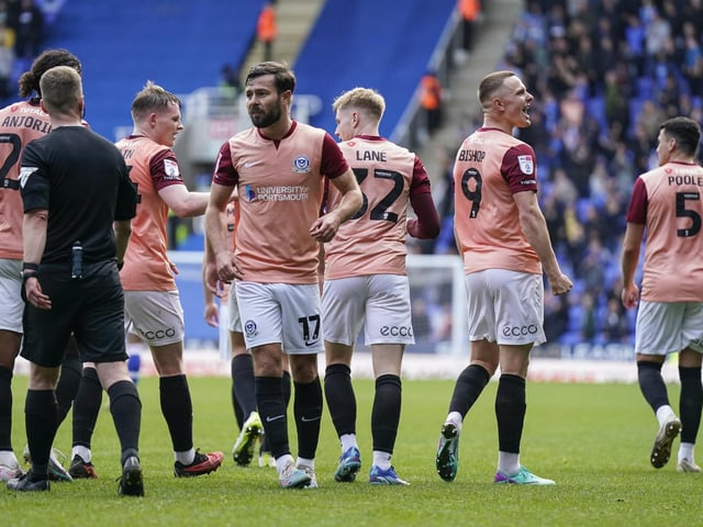 The Pompey players celebrate in front of the travelling Fratton faithful