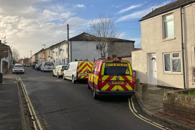Police and fire investigators at a flat in Durham Street, Gosport, after a blaze at around 2.30am on January 1, 2022. Picture: Steve Deeks