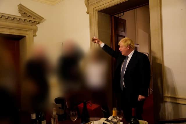 Prime minister Boris Johnson at a gathering in 10 Downing Street for the departure of a special adviser, which has been released with the publication of Sue's Gray report into Downing Street parties in Whitehall during the coronavirus lockdown.