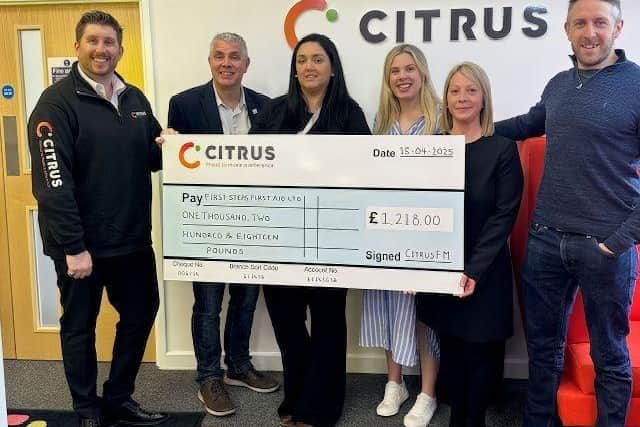 Citrus hand over grant cheque to First Steps First Aid. Pic left to right: Daniel O’Brien (MD Citrus), Dave Humphries (CEO Shaping Portsmouth), Coralee Graham (Citrus Foundation), Charlotte Boaden, Jessica Spencer & Jack Boaden (First Steps First Aid).