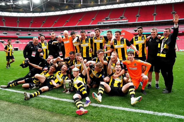 Hebburn Town players and staff celebrate after winning the delayed 2019/20 FA Vase final at Wembley today. They could be back there on May 22 for the 2020/21 final - and could face US Portsmouth. Picture: John Walton/PA Wire.
