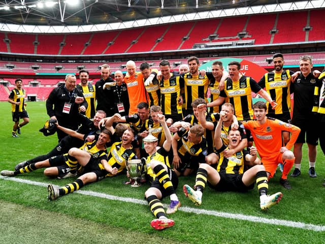Hebburn Town players and staff celebrate after winning the delayed 2019/20 FA Vase final at Wembley today. They could be back there on May 22 for the 2020/21 final - and could face US Portsmouth. Picture: John Walton/PA Wire.