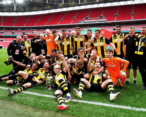 Hebburn Town players and staff celebrate after winning the delayed 2019/20 FA Vase final at Wembley today. They could be back there on May 22 for the 2020/21 final - and could face US Portsmouth. Picture: John Walton/PA Wire.