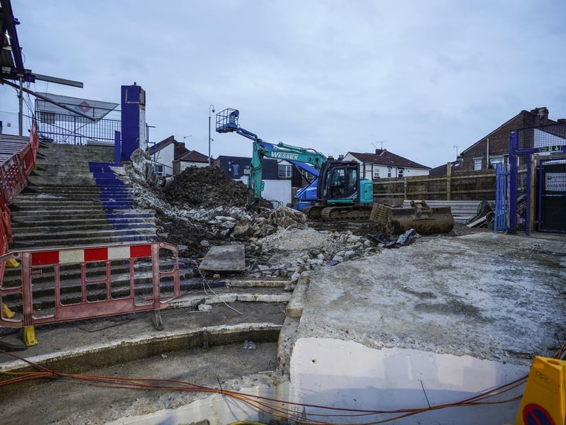 Demolition work taking place in the south eastern corner of Fratton Park in November 2023.