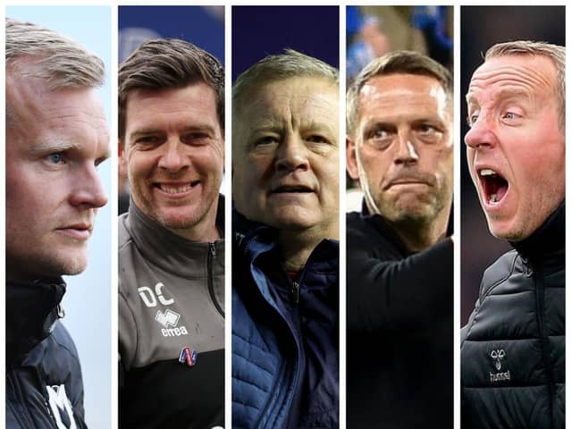 Bookies' contenders (from left) Liam Manning, Darrell Clarke, Chris Wider, Leam Richardson and Lee Bowyer.
