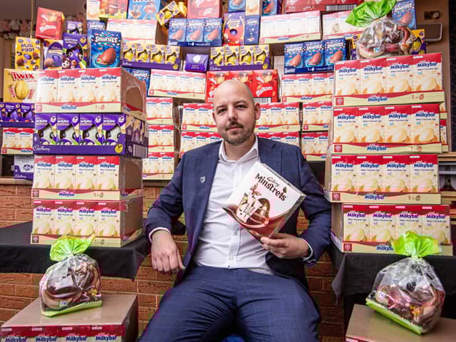 Cllr George Madgwick with the Easter eggs at his restaurant Valletta in Drayton Picture: Habibur Rahman
