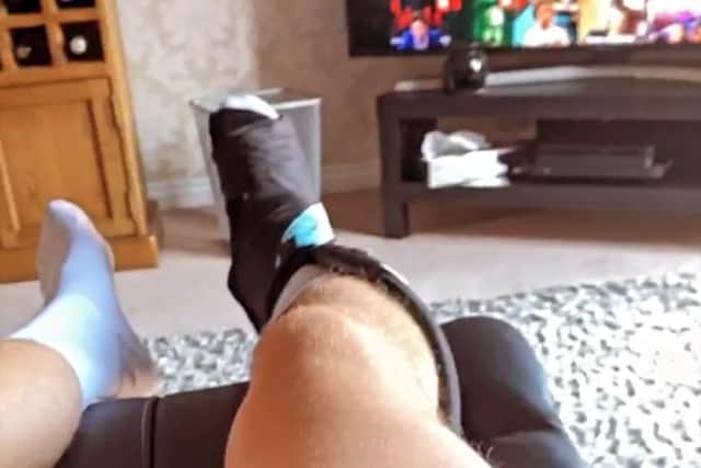Ronan Curtis' right ankle in a protective boot. Picture: Ronan Curtis/ Instagram