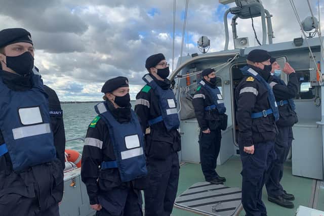 Raw recruits from HMS Collingwood pictured on HMS Sabre, one of two coastal patrol boats being used to provide the new sailors with the training at sea. Photo: Royal Navy