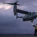 A Fleet Air Arm pilot from HMS Prince of Wales flying an MV-22 Osprey off the flightdeck. Picture: Royal Navy.