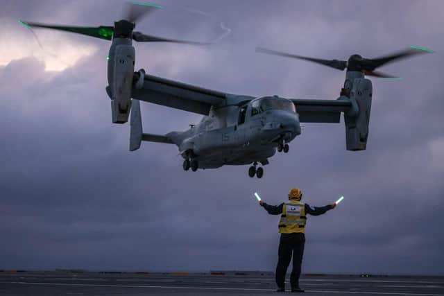 A Fleet Air Arm pilot from HMS Prince of Wales flying an MV-22 Osprey off the flightdeck. Picture: Royal Navy.