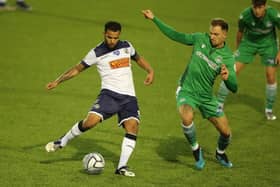 Billy Clifford, left, in action during Hawks' 2-1 win against Oxford City - one of only five National League South games the club have played in 2020/21 so far. Picture by Dave Haines.