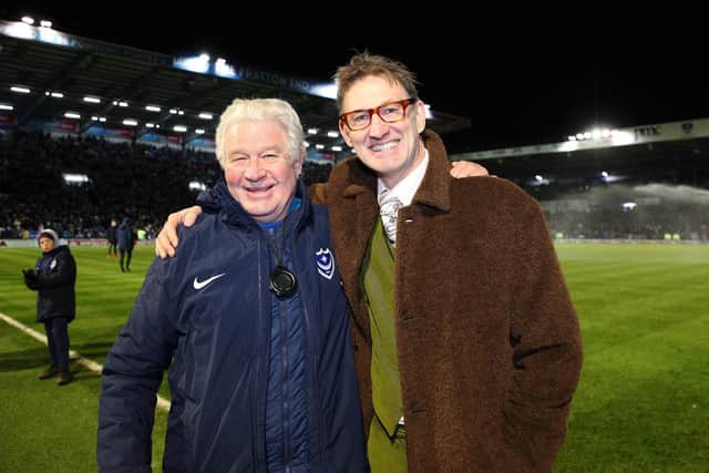 Tony Adams is pictured alongside Barry Harris at Fratton Park in March 2020. Picture: Joe Pepler