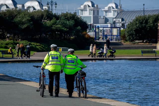 Ease of lockdown restrictions are lifted as people up to a group of six can meet outdoors on 29 March 2021.

Pictured: Police presence at Canoe Lake Southsea.

Picture: Habibur Rahman