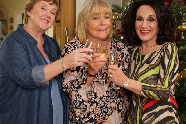 Lesley Joseph with her Birds of a Feather co-stars, Pauline Quirke as Sharon and Linda Robson as Tracey . Picture by PA