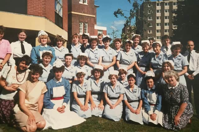 Midwife Sarah Backhouse Fitton is running the London Marathon for Portsmouth Hospitals Charity. Pictured: Sarah's cohort of student midwives