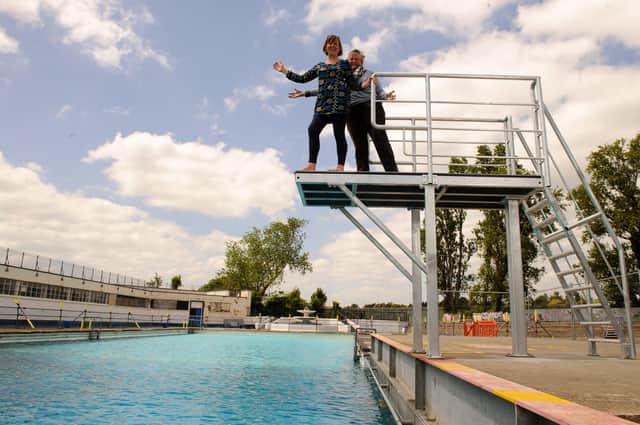 Helen Downing-Emms and Sabrina Richards on the diving board constructed at Hilsea Lido, which has now been saved thanks to a £3.5m investment windfall announced in Chancellor Rishi Sunak's autumn Budget.
Picture: Allan Hutchings (150915-012)