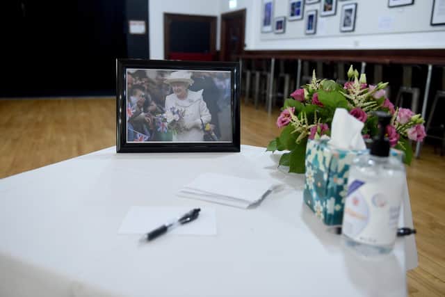 The tables at Portsmouth Guildhall in Guildhall Square, Portsmouth where you can send a message of condolence on Queen Elizabeth II death, on Monday, September 12. Picture: Sarah Standing (120922-3201)