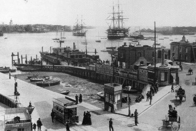 Portsmouth from the Gosport side of the harbour in the first decade of the 20th century.The floating bridge is in the middle of the picture. Incorporated in 1838, it began running in 1840. HMS Victory is moored nearest the shore