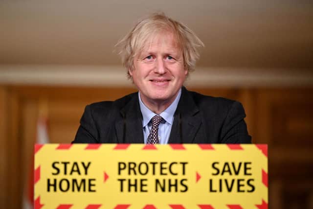 Prime Minister Boris Johnson during a televised press conference at 10 Downing Street on February 22, 2021 in London, England. Photo by Leon Neal - WPA Pool/Getty Images