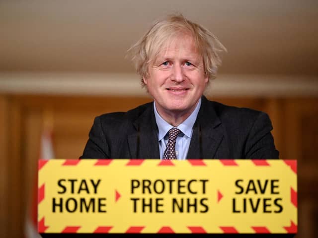 Prime Minister Boris Johnson  during a televised press conference at 10 Downing Street on February 22, 2021 in London, England. Photo by Leon Neal - WPA Pool/Getty Images