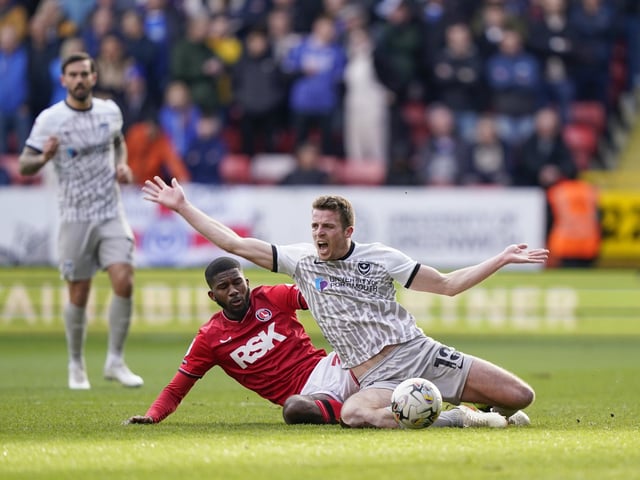 Conor Shaughnessy battles for the ball against Charlton.
