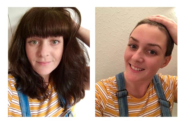 Local democracy reporter for The News, Fiona Callingham, before and after she braved the shave in aid of St Wilfrids Hospice in Chichester and The Little Princess Trust. Picture: Fiona Callingham