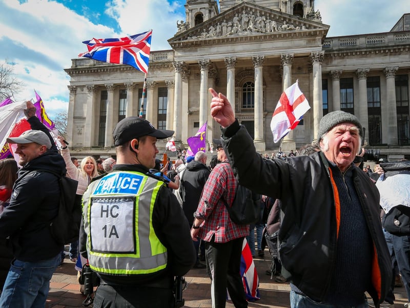 A Unity Rally, arranged by Stand Up To Racism Portsmouth, and a mass-deportation demonstration, arranged by UKIP, took place in Portsmouth's Guildhall on Saturday, March 15. Picture: Chris Moorhouse (150325-075)