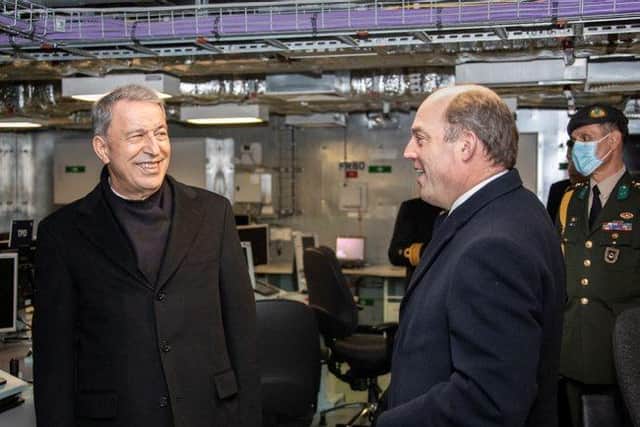 Turkish defence minister Hulusi Akar (left) pictured with UK defence secretary Ben Wallace inside HMS Prince of Wales in Portsmouth. Photo:MoD