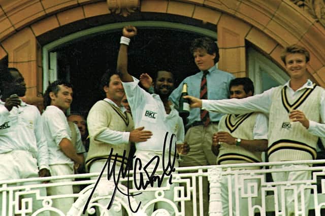 Malcolm Marshall on the Lord's balcony celebrating victory in the 1992 Benson & Hedges Cup final. Picture: Dave Allen (Hampshire Cricket)