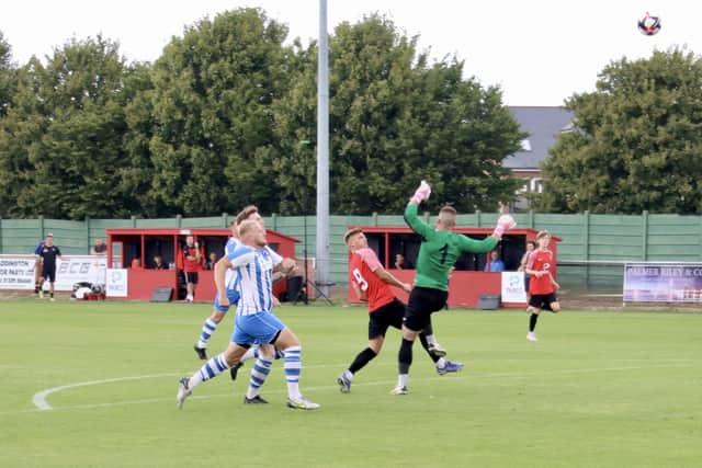 Josh Benfield opens the scoring for Fareham in their 7-2 Wessex League rout of Cowes. Picture by Ken Walker.