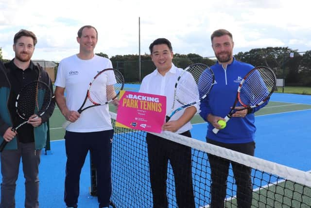 (L-r) Matt Tyler (HBC), James Deem (LTA), Alan Mak MP and Ed Nieburg (NTA) at Purbrook Heath courts