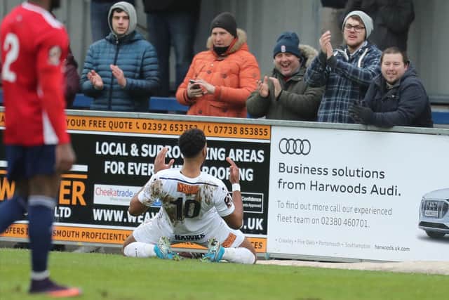 Jonah Ayunga celebrates his goal. Photo by Dave Haines