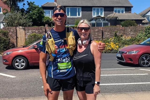 Paul Minter is joined by cousin Charlie Johnson as he reaches Portsmouth during 5000 mile challenge.