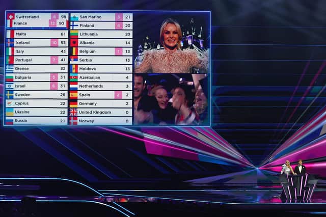 Amanda Holden announces the jury points from the United Kingdom during the 65th Eurovision Song Contest grand final on May 22, 2021 in Rotterdam, Netherlands. Photo by Dean Mouhtaropoulos/Getty Images