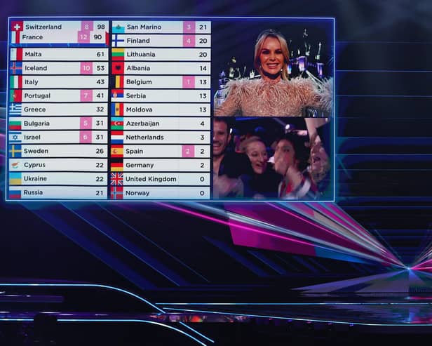 Amanda Holden announces the jury points from the United Kingdom during the 65th Eurovision Song Contest grand final on May 22, 2021 in Rotterdam, Netherlands. Photo by Dean Mouhtaropoulos/Getty Images