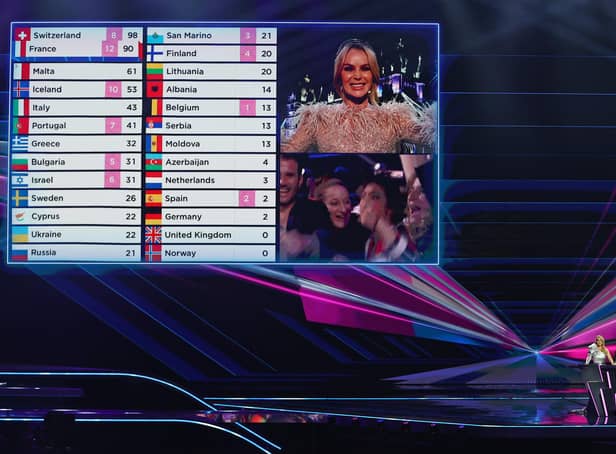 Amanda Holden announces the jury points from the United Kingdom during the 65th Eurovision Song Contest grand final on May 22, 2021 in Rotterdam, Netherlands. Photo by Dean Mouhtaropoulos/Getty Images