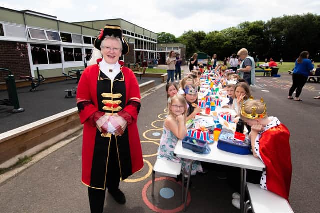 Councillor Rosy Raines with Mengham Infant pupils having a Jubilee lunch. Picture: Habibur Rahman