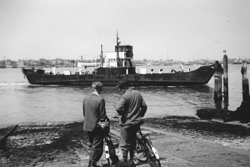 The Old MV Hilsea approaches Point. Capable of a few carrying few cars and a small lorry perhaps, the old car ferry MV Hilsea in service 1930 to 1961.