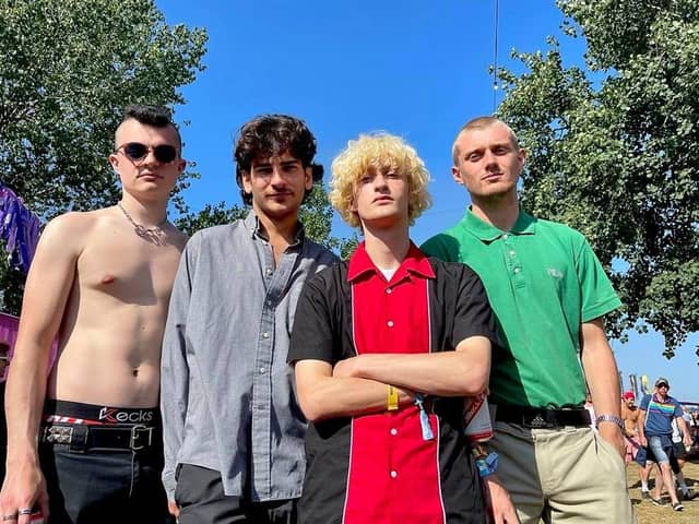 From left, Flowvers band members Connor Griffiths (20), Matisse Moretti (20), Stanley Powell (20) and Henry Wood (19) at the Isle of Wight Festival. Picture: Eleanor Davies