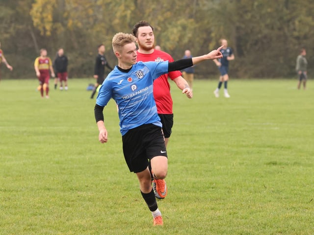 Waterlooville Wanderers Reserves' George Howden celebrates one of his four goals in an Adelaide Cup second round tie against Milton Park Rangers. Picture by Kevin Shipp