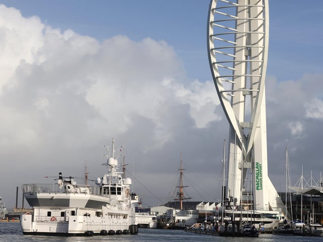The Intrepid Super Yacht pictured sailing into Gunwhalf Quays in Portsmouth.
Saturday 28th October 2023.
Picture: Sam Stephenson.